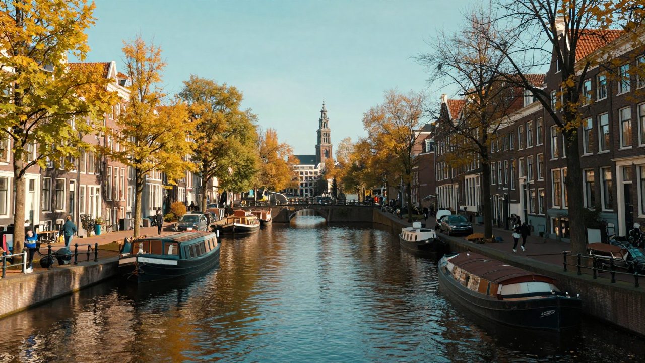 Tree-lined canal and path near Westerpark on an autumn day.
