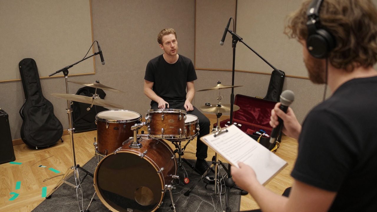 Band and engineer discuss microphone placement around a drum kit.