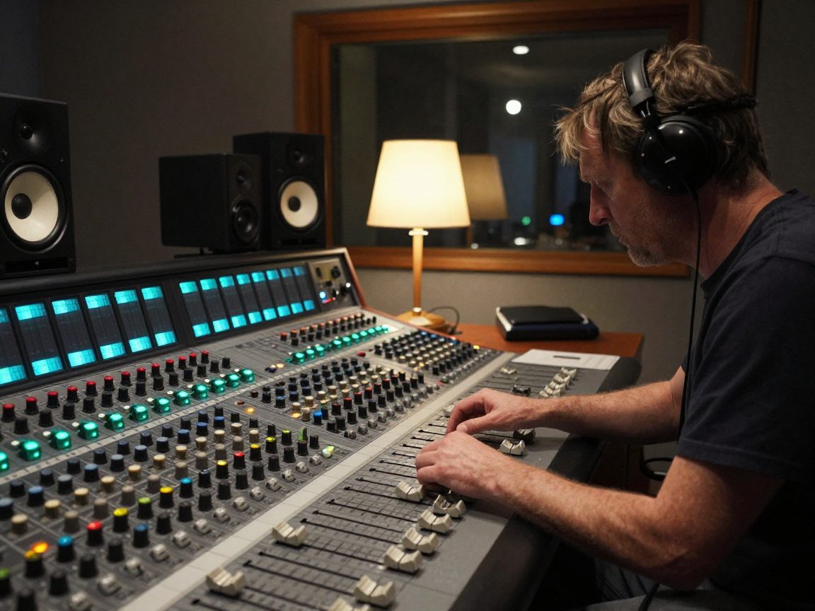 Producer sorting folders and drives for mix stems on a work desk.