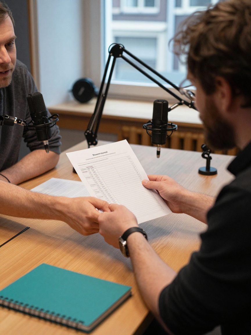 Podcast team discuss a consent checklist at a table.