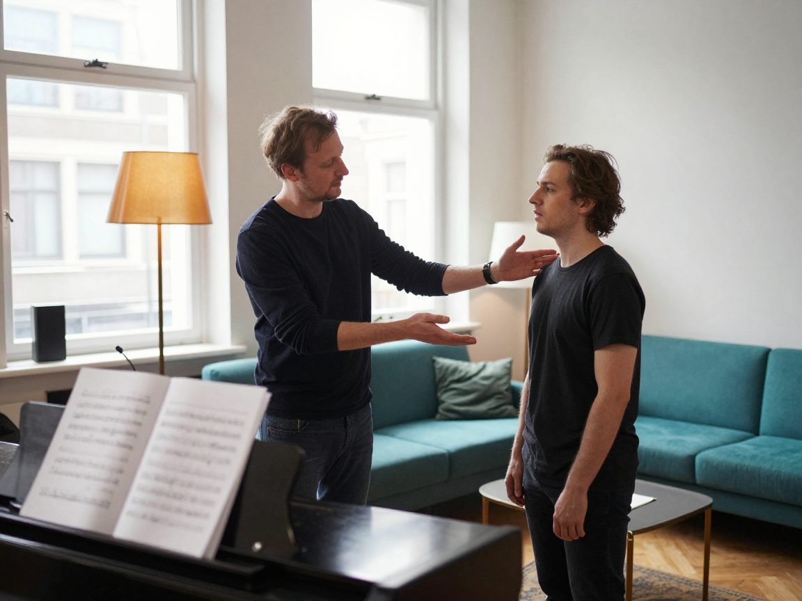 Vocal coach guides a singer through warm-up exercises near a piano.