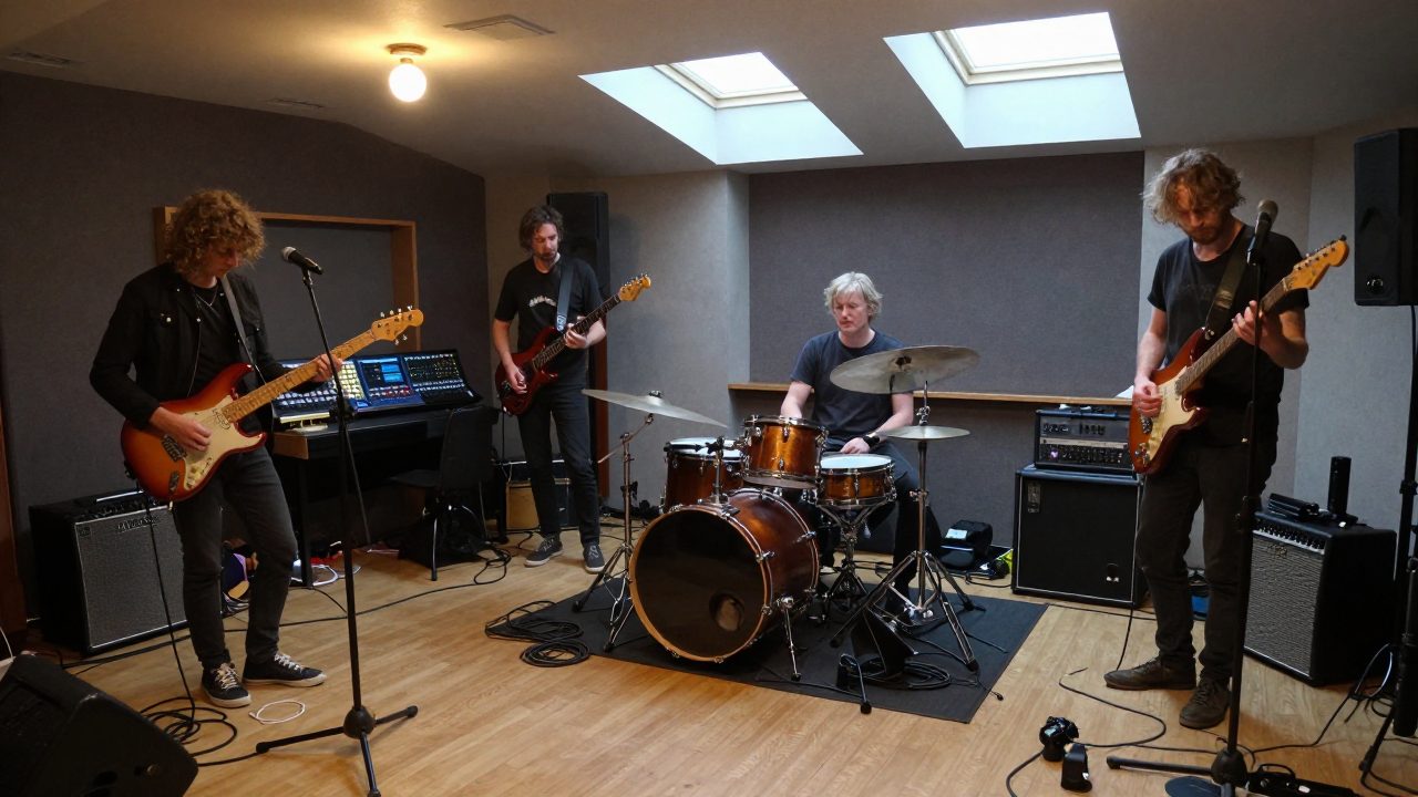Band playing live in a room with drums, guitar and distant mixing desk.