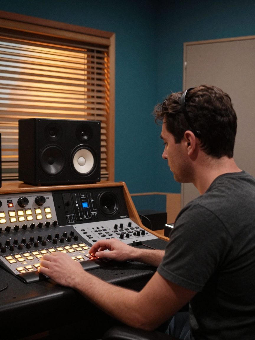 Mastering engineer listening critically on large speakers in a treated room.