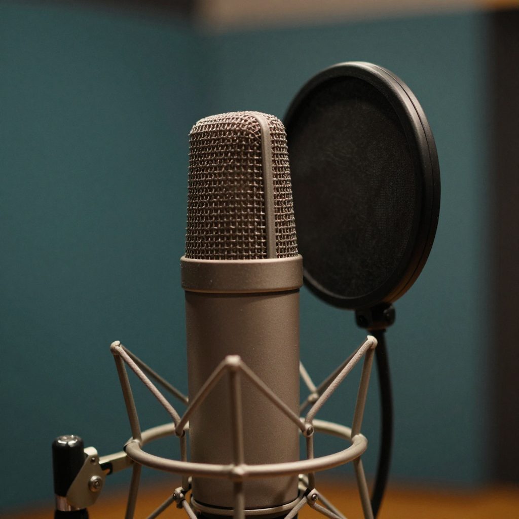 Detail van een condensatormicrofoon met popfilter in een vocal booth.