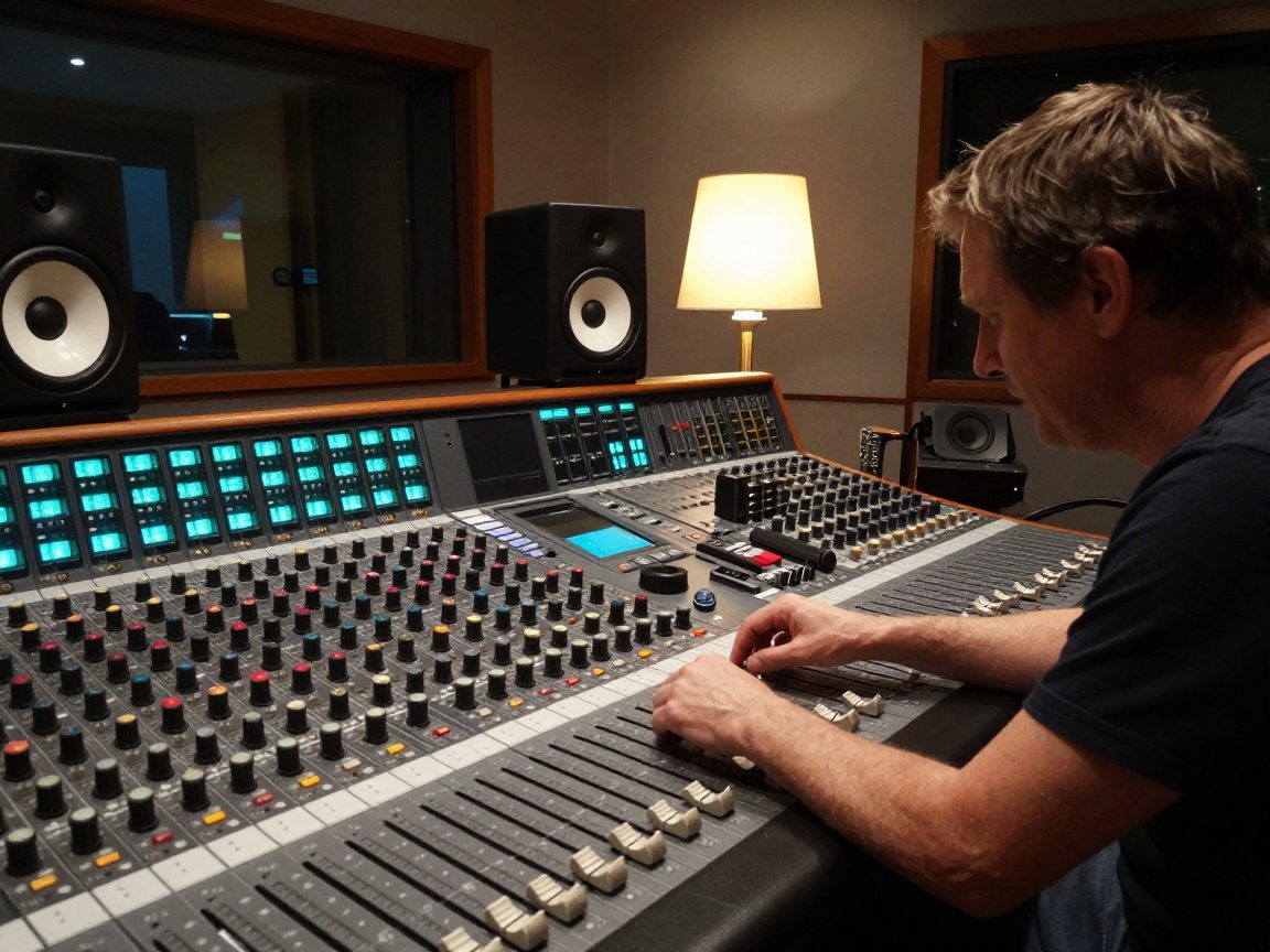 Engineer mixing at a console in a dim control room.