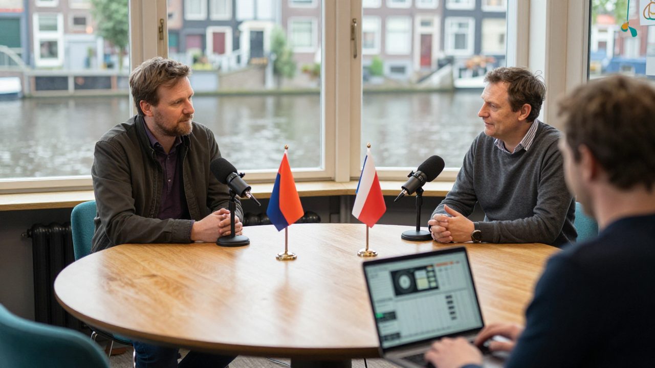 Two podcast hosts and a guest sit at a table with microphones.