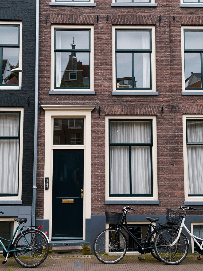 Amsterdamse gevel met fietsen en een sobere studio-ingang in Westerpark.