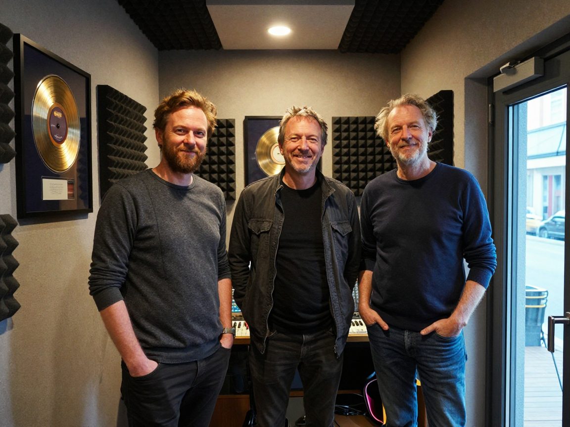Drie studio-medewerkers staan ontspannen in een gang met akoestiekpanelen.