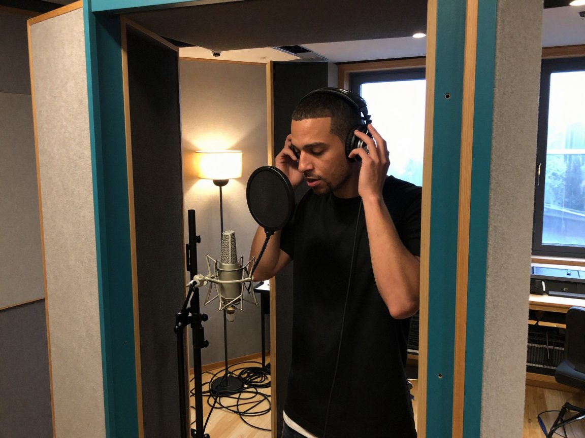 Artist in a vocal booth with headphones and pop filter in Amsterdam.